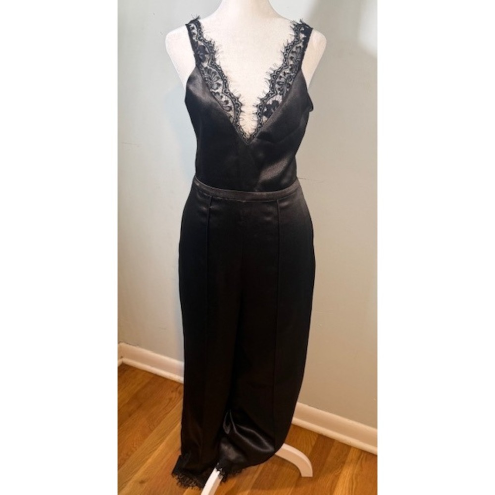 Zac Posen Black Satin Eyelash Lace Wide Leg Jumpsuit Size 4 Closed Label